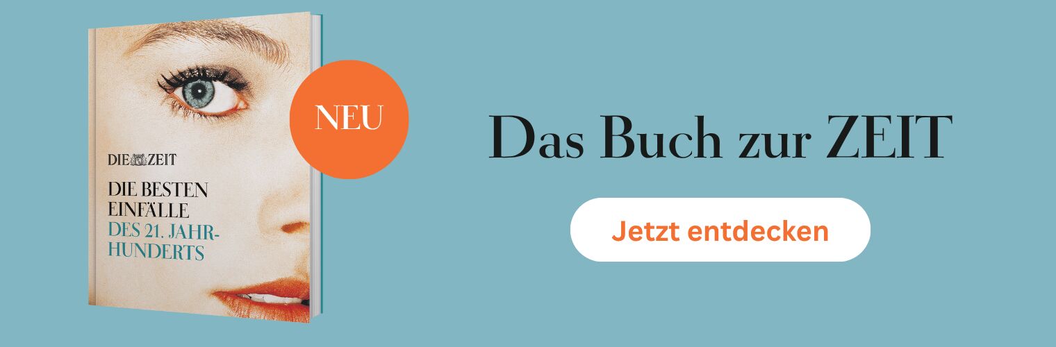 Cover des Buches »Die besten Einfälle des 21. Jahrhunderts« aus der ZEIT-Edition, mit Nahaufnahme eines Gesichts und moderner Typografie auf hellem Hintergrund. Daneben ein Button mit der Aufschrift 'Jetzt entdecken' auf türkisfarbenem Hintergrund. Werbebanner für Buchfreunde.